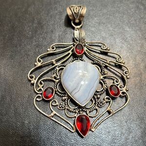 Huge 925 Sterling Silver Art Nouveau Blue Lace Agate & Red Garnets Pendant